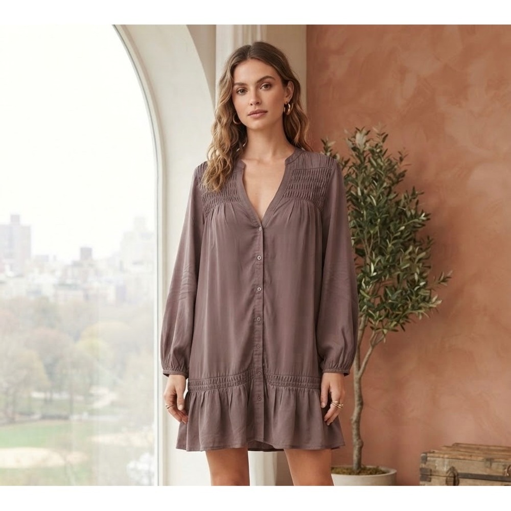 Pilcro Anthropologie Womens 2X Smocked Button Down Ruffle Hem Mini Dress Plum